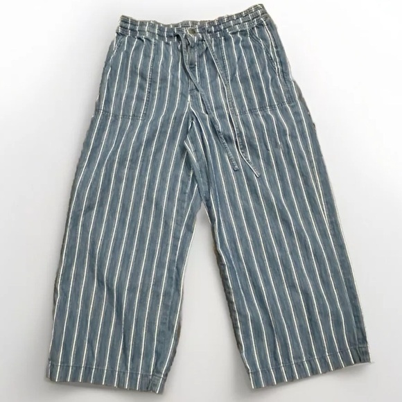 American Eagle Pants High Rise Wide Leg Crop Striped Blue White Women’s 8 Beach - Picture 1 of 12